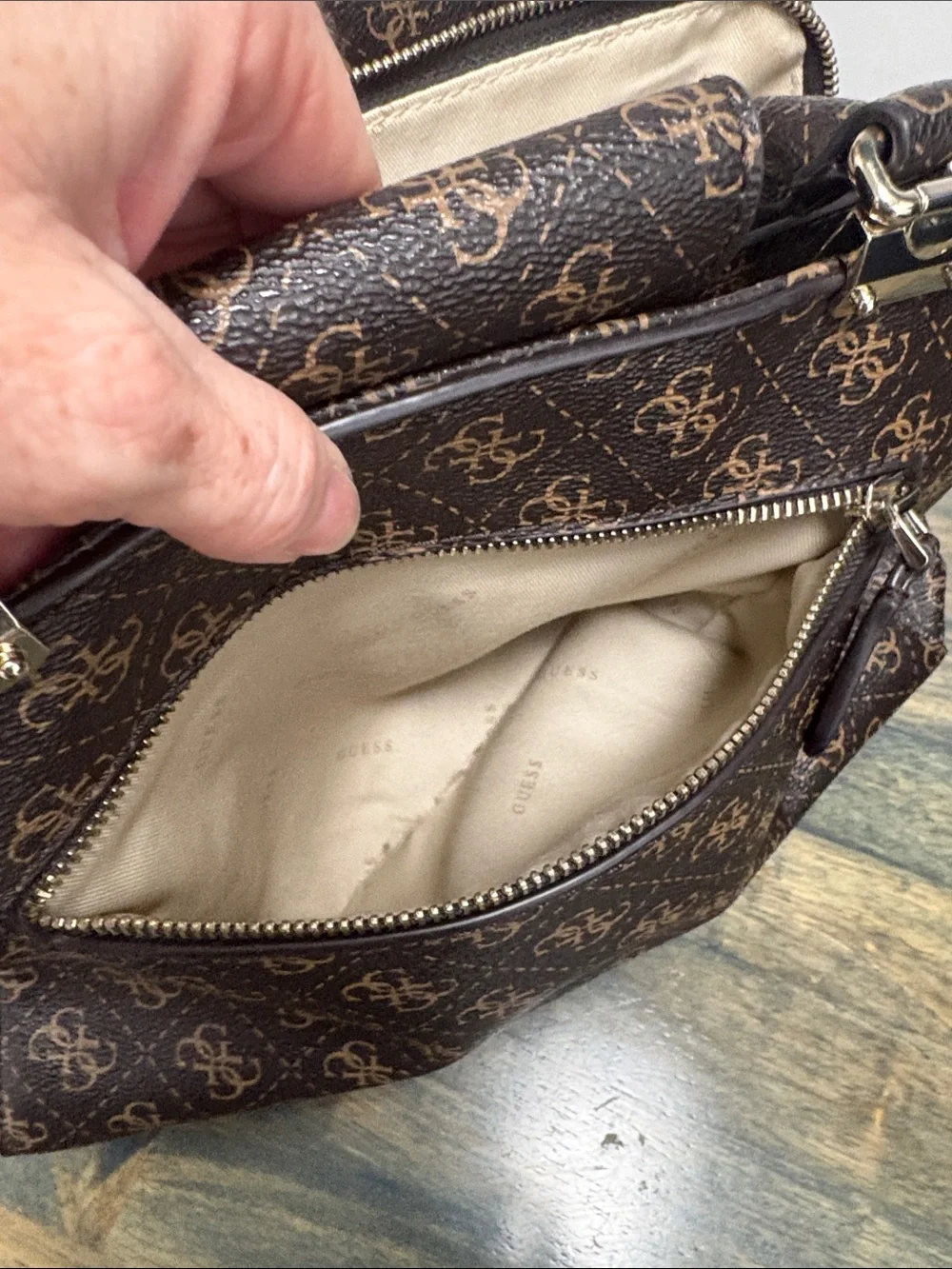 GUESS Brown Satchel with Pink Floral Embroidery